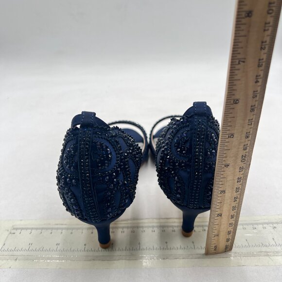 XYD Navy Open Toe Rhinestones Ankle Strap Sandals Low Heel Bridal Evening Shoes - Picture 5 of 8